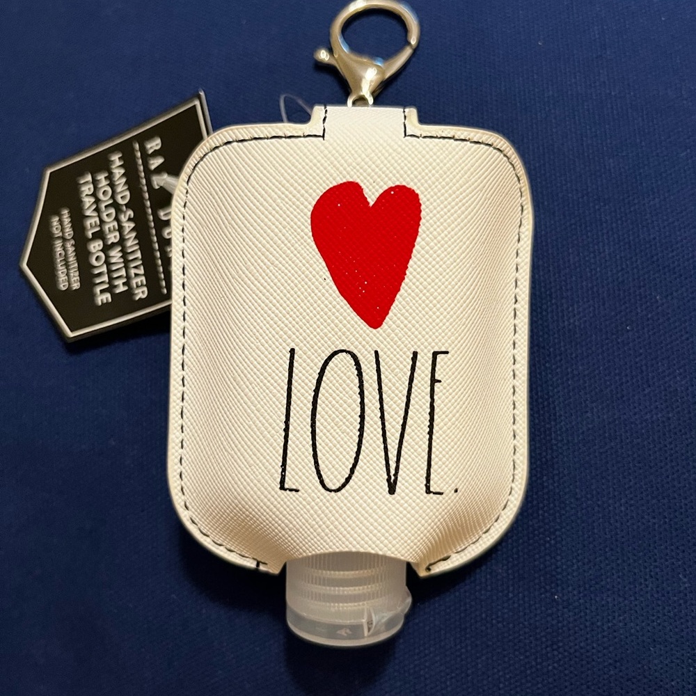 SOLD - RAE DUNN ‘LOVE’ SANITIZER REFILL BOTTLE/KEYCHAIN HOLDER